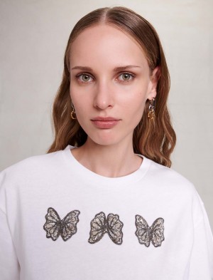 Maje Rhinestone Butterfly Cropped Tee Hvide | Danmark_M38883