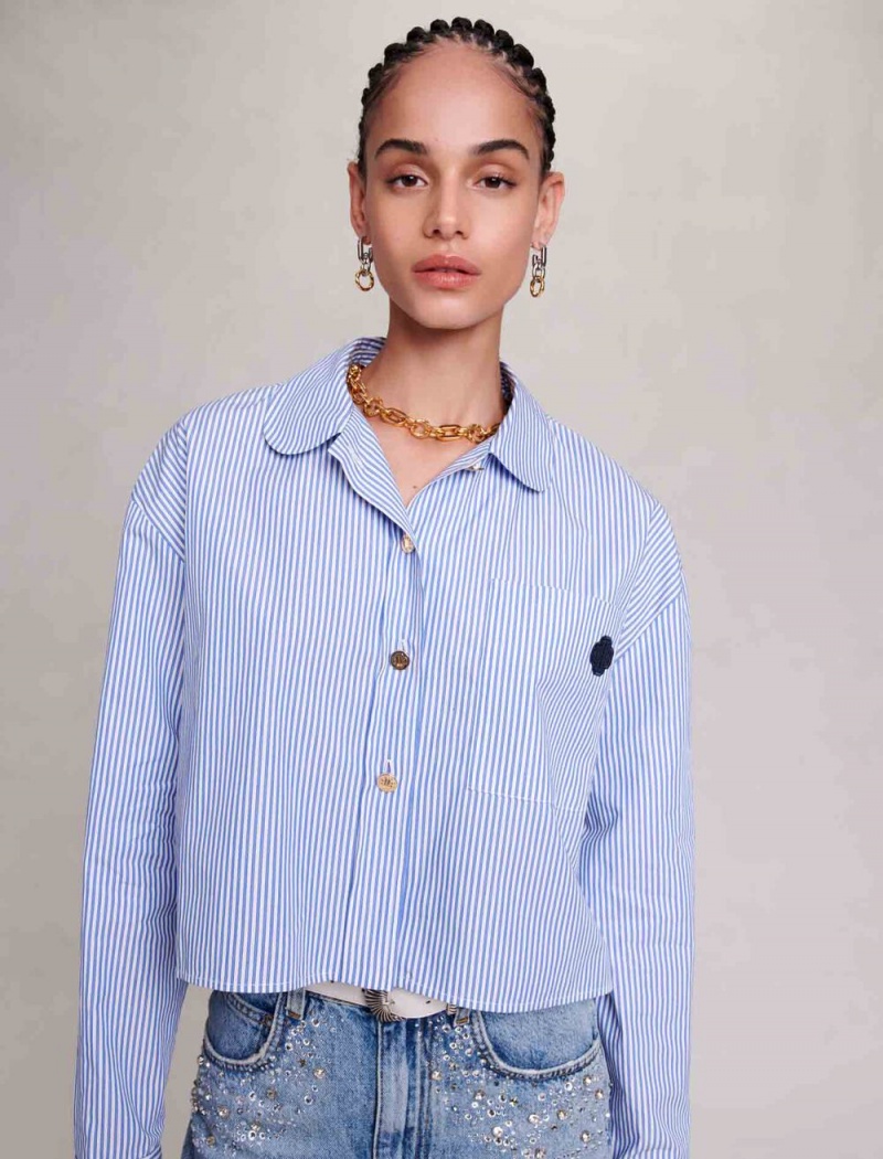 Maje Cropped Stribet Shirt Blå | Danmark_M33207