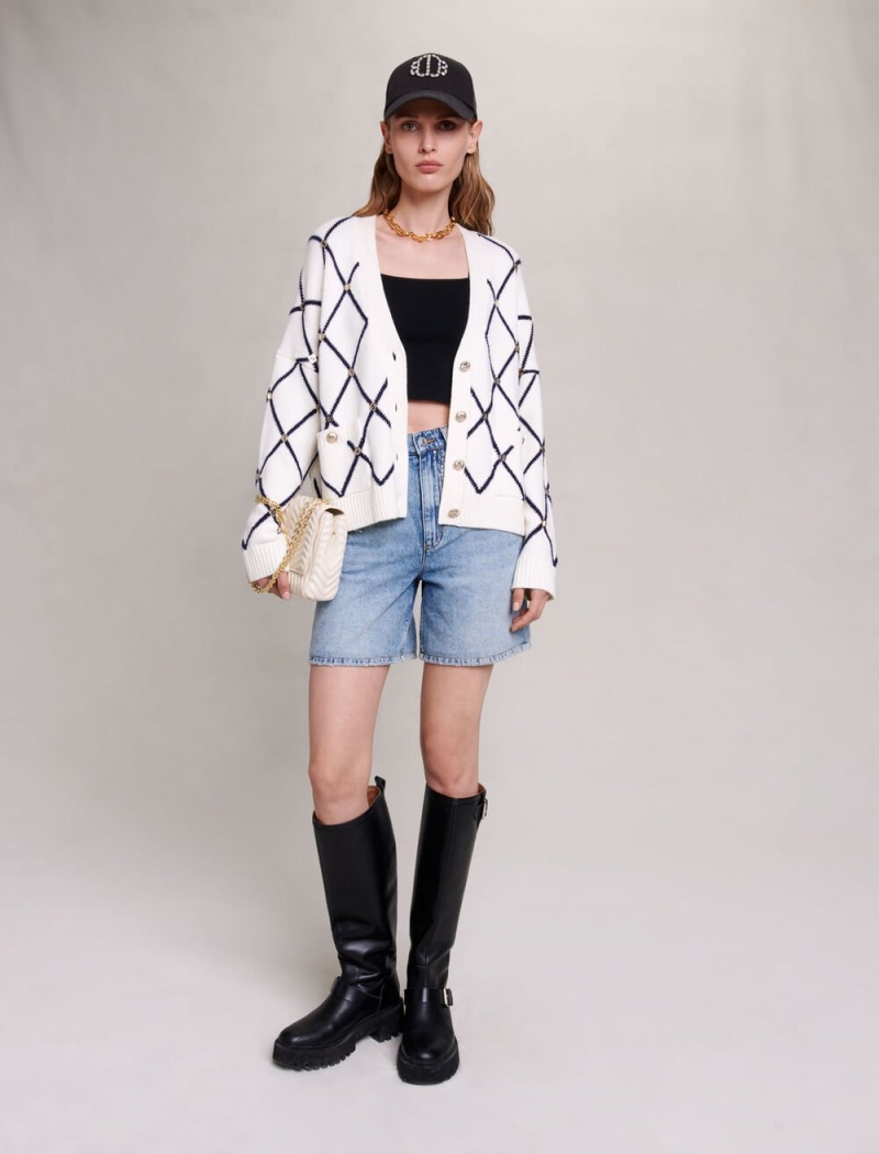 Maje Diamond Pattern Strikket Cardigan Ecru | Danmark_M98282