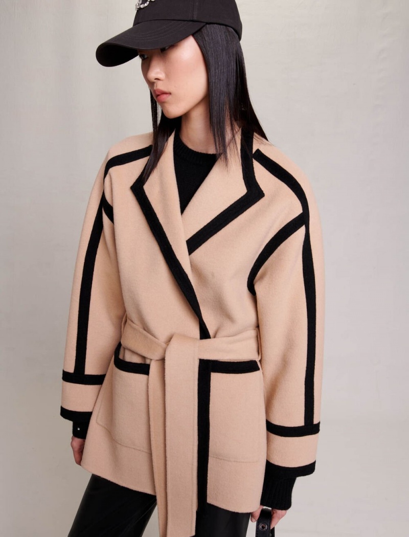 Maje Kort Two-tone Coat Camel | Danmark_M70187