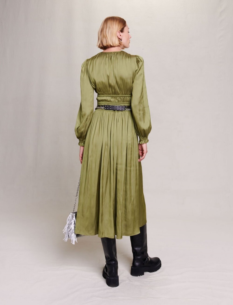 Maje Satin-effect Ruffled Midi Khaki | Danmark_M69619