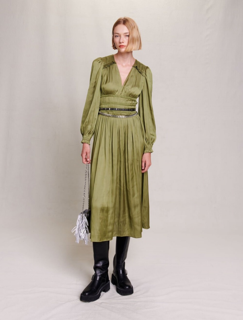 Maje Satin-effect Ruffled Midi Khaki | Danmark_M69619